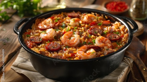 Vibrant jambalaya with shrimp, sausage, and rice, styled in a traditional pot, ideal for a Creole cuisine promotion