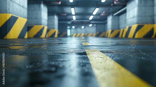 A realistic depiction of an underground parking garage in close-up, emphasizing the secure, spacious layout, perfect for property management features