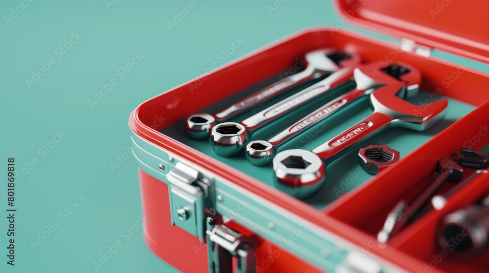 Close-up of an open red toolbox against a cool mint background, displaying an assortment of hand tools in a realistic setting, perfect for DIY tutorials Close-up of an open red toolbox against a cool mint background, displaying an assortment of hand tools in a realistic setting, perfect for DIY tutorials