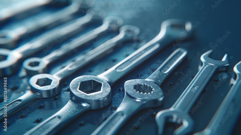 Fototapeta premium Close-up of various wrenches and screwdrivers on a deep blue backdrop in a garage, focusing on the metallic sheen and tool variety, suitable for hardware ads