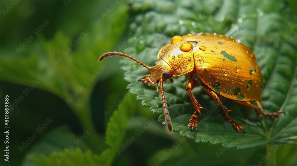 A golden tortoise beetle blending seamlessly into its environment, its metallic shell providing camouflage against the foliage.