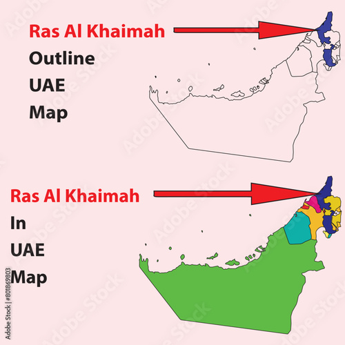 Ras Al Khaimah map vector, outline, political , road, tourist, city, metro, railway, physical, satellite  Map vector