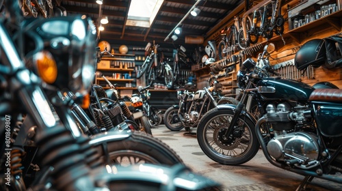 Close-up of a well-organized motorcycle garage, showing motorcycles in various states of repair, ideal for mechanical workshop articles
