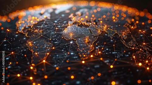 Close-up of a digital globe with dynamic network lines connecting major cities around the world, symbolizing global communication.