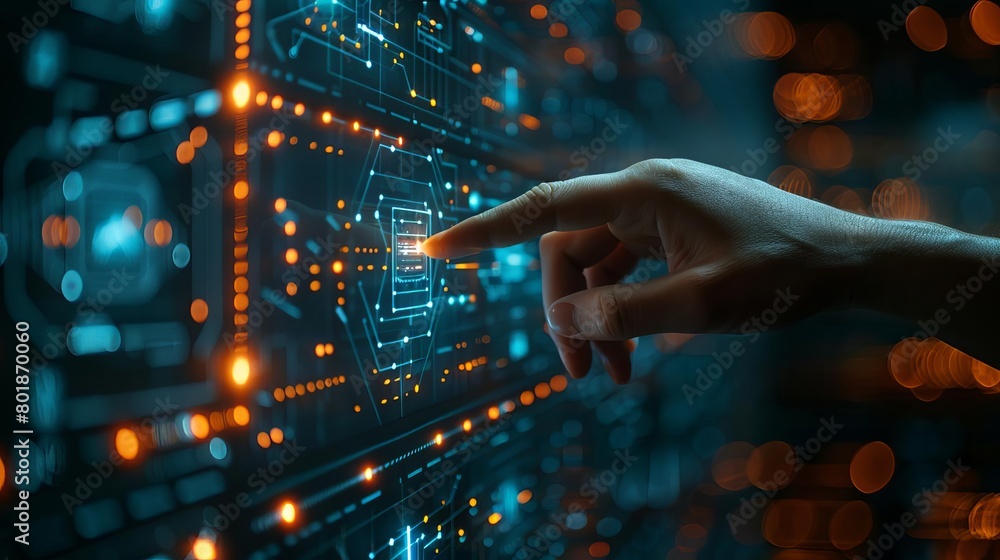 Corporate office using high-end document management technology, employee tagging and categorizing digital files on a touch screen. Corporate office using high-end document management technology, employee tagging and categorizing digital files on a touch screen.