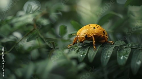 A golden tortoise beetle in a moment of stillness, captured in a serene close-up against a backdrop of lush greenery. photo