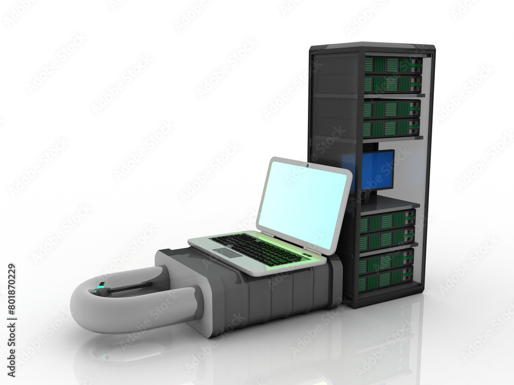 3d illustration server near laptop protected lock 3d illustration server near laptop protected lock