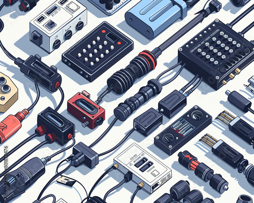 Detailed clipart of electronic communication devices featuring coaxial cables, pad panels, and BNC connectors on a clean background photo