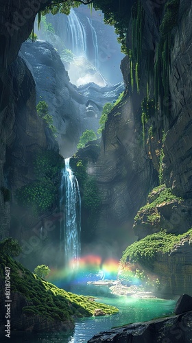 Verdant ravine with a cascading waterfall, its mist creating rainbows around a secluded emerald nook