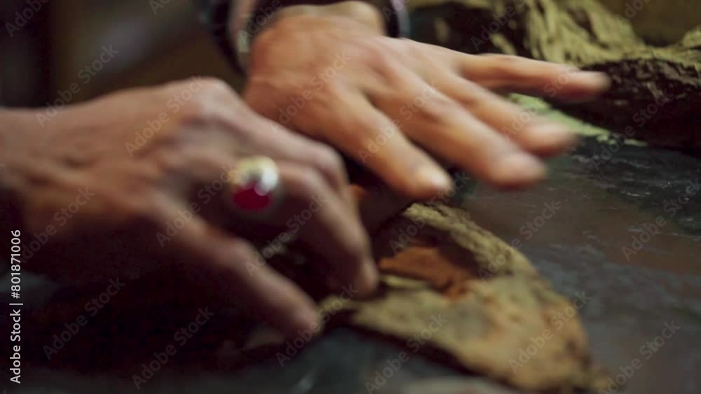 A man rolls tobacco by hand to make a cigar A man rolls tobacco by hand to make a cigar
