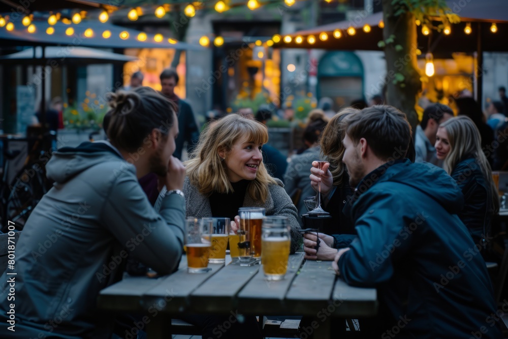 Group of friends having fun and drinking beer in a pub - Young people having fun outdoors - Friendship concept