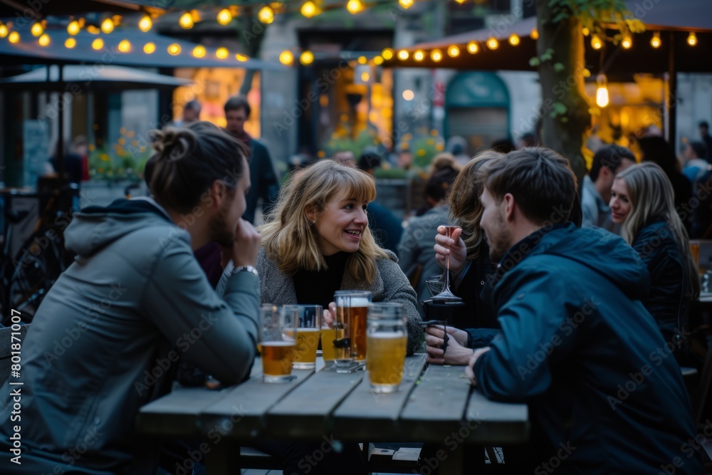 Group of friends having fun and drinking beer in a pub - Young people having fun outdoors - Friendship concept Group of friends having fun and drinking beer in a pub - Young people having fun outdoors - Friendship concept