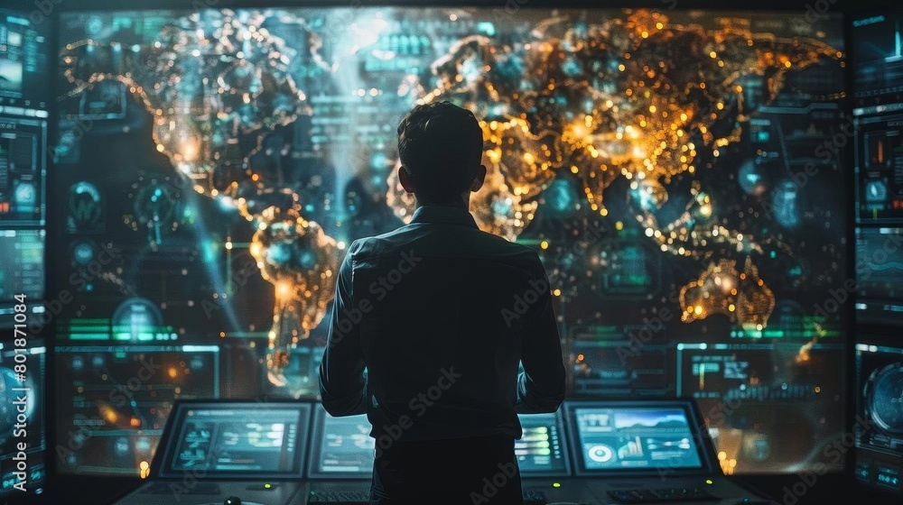 Network engineer troubleshooting global connectivity issues, using a large interactive display showing complex network nodes. Network engineer troubleshooting global connectivity issues, using a large interactive display showing complex network nodes.