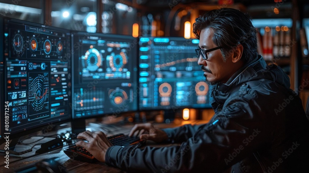 Researcher interacting with AI for legal document analysis, multi-screen setup showing data analytics and text management. Researcher interacting with AI for legal document analysis, multi-screen setup showing data analytics and text management.