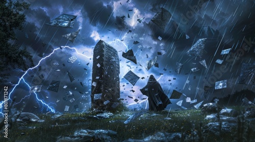 In the midst of a dark and stormy night a lone wizard stands in front of a mysterious stone circle. Suddenly bursts of lightning illuminate . . photo