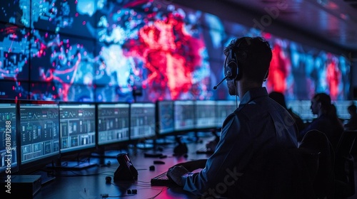 Security operations center during a training simulation, analysts at workstations with graphical cyber threat maps. photo