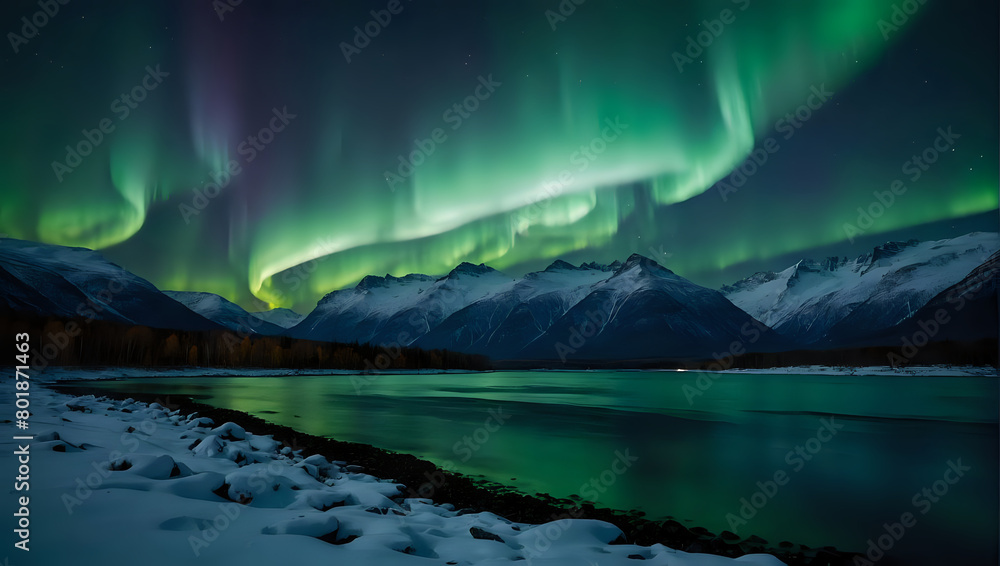 Aurora Borealis Over Snow-Capped Mountains