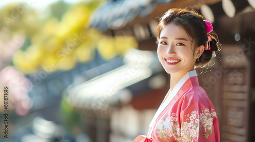 Portrait Asia woman in traditional dress and smile. AI Generative