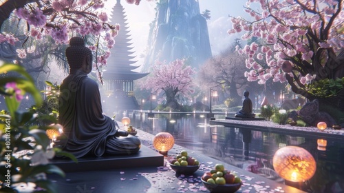 A serene garden with delicate cherry blossom trees and floating lanterns where a group of monks meditate in front of a tranquil pool . .