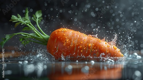water splashing onto Carrot, in the style of Black background and colorful, high detailed, dynamic and action-packed, high resolution. photo