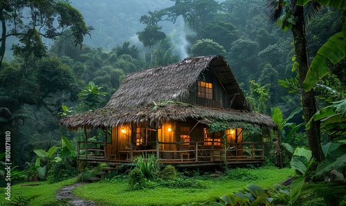 A rustic hut nestled deep in a lush jungle