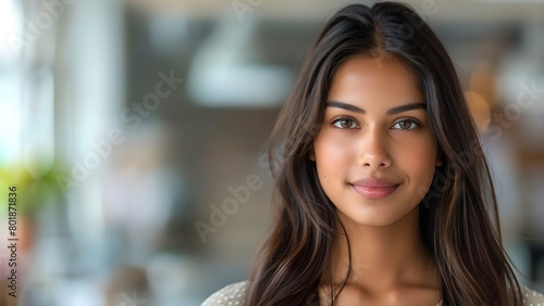 Promotional Advertisement Targeting Specific Demographics: Asian Indian Woman with Blurred Background. Concept Promotional Advertisement, Specific Demographics, Asian Indian Woman, Blurred Background photo