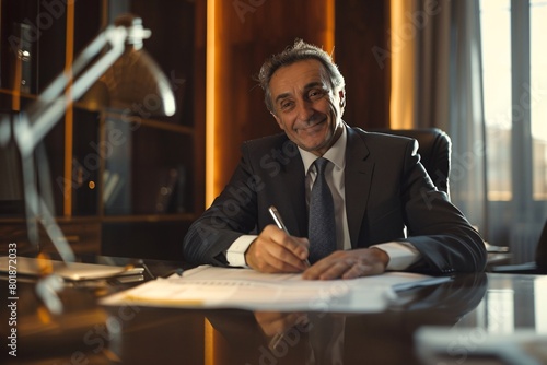 Happy satisfied aged professional business man executive ceo manager, lawyer wearing suit sitting at desk signing law document writing signature making legal agreement corporate deal in office