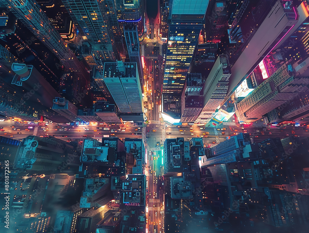 A drone flight over a vibrant cityscape with bustling streets and glowing lights