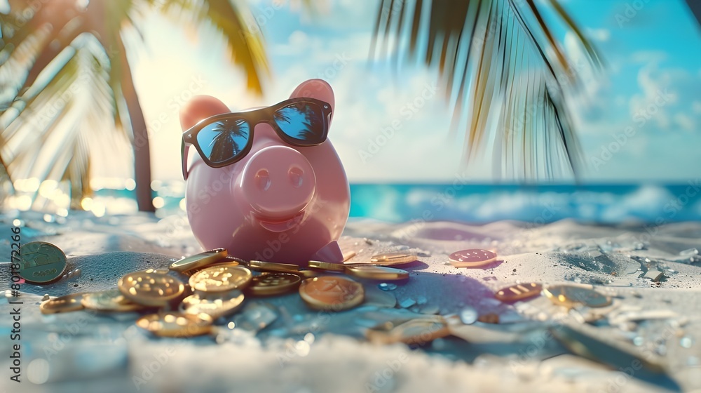 Pink piggy bank with sunglasses relaxing on a beach in summer next to ...