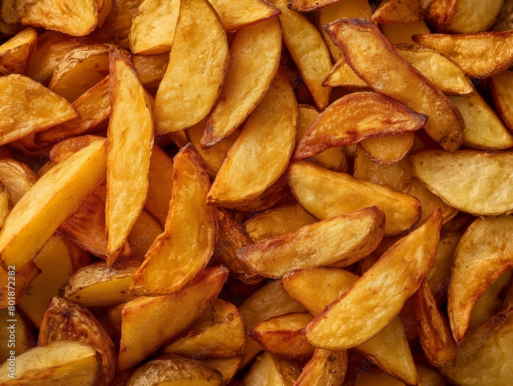 Close-up view of crispy golden potato wedges, highlighting delicious textures and a home-cooked feel