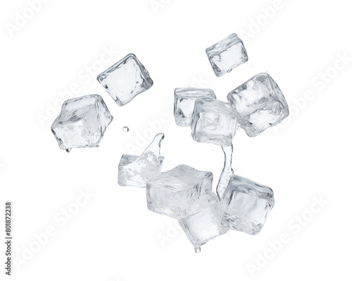 Crystal clear ice cubes floating against a white backdrop isolated on a transparent background. Generative AI