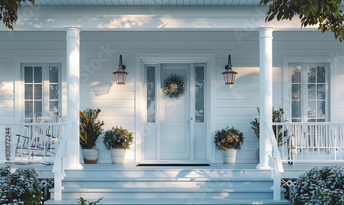 Modern beach coastal veranda porch pretty door entrance chic white paint natural Hamptons luxury farmhouse entrance patio house cottage vibes contemporary Cape Cod summer home outdoor living 