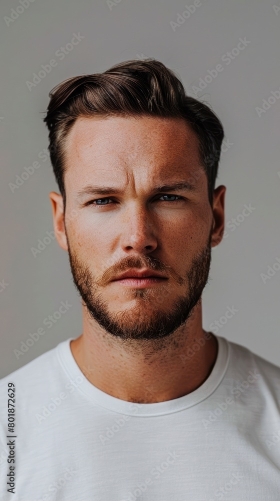 Close-up portrait of a bearded man wearing a white t-shirt Close-up portrait of a bearded man wearing a white t-shirt