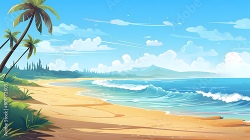 Sunny Seashore, Vibrant Beachscape in the Summer Sun, Realistic Beach Landscape. Vector Background