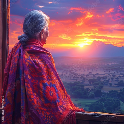 An old woman is watching the sunset over the mountains. The sky is ablaze with color, and the woman's face is serene. She is wearing a colorful shawl, and her hair is gray.