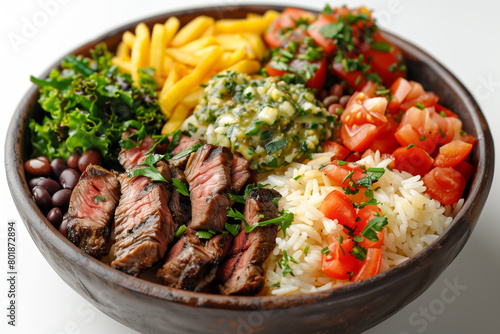 Brazilian Steak Plate with Rice, Fries, and Salsa
