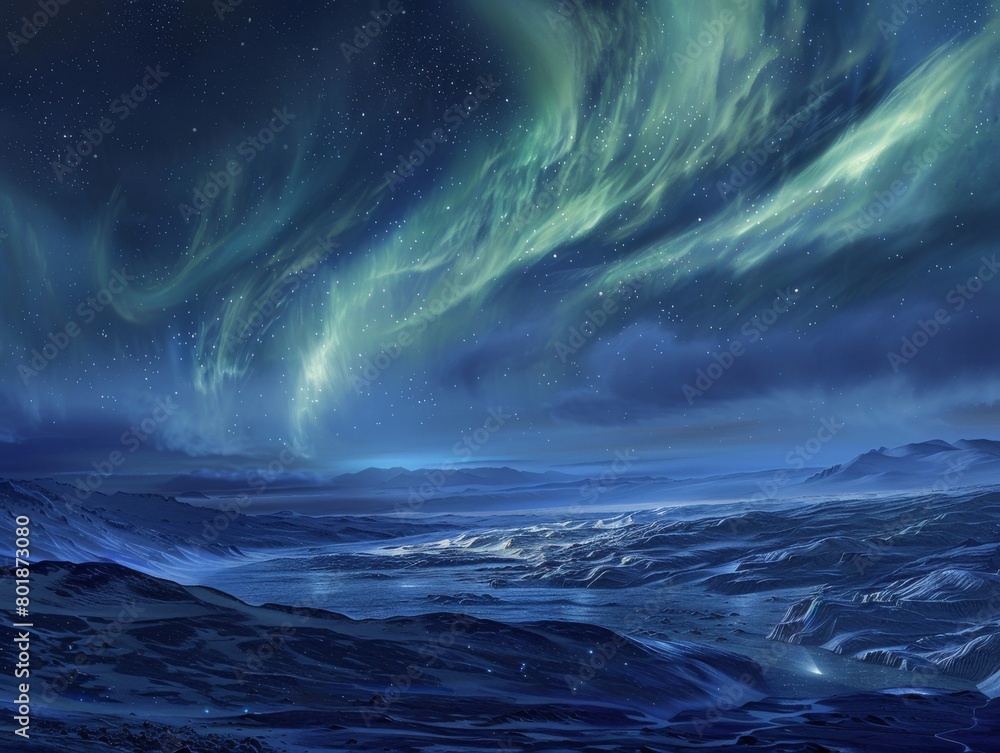 Capture the mesmerizing beauty of the aurora borealis in a frozen landscape.