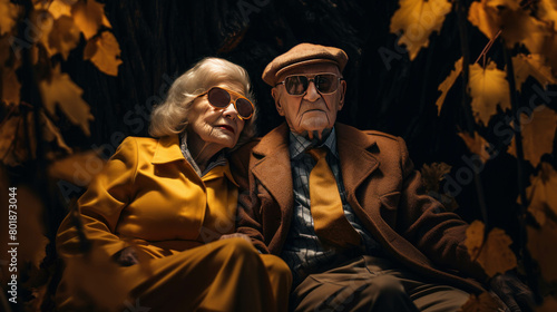 Happy Retired Elderly couple sitting amidst a pile of colorful autumn leaves and the simple pleasures