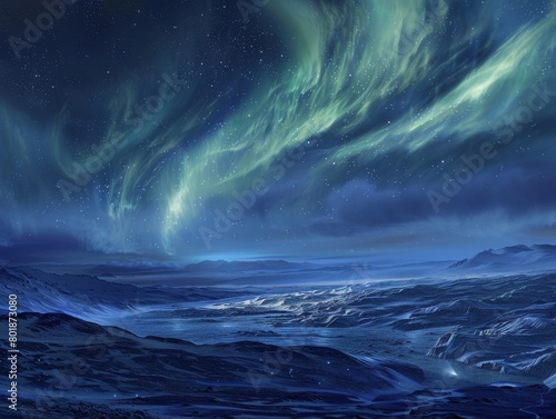 Capture the mesmerizing beauty of the aurora borealis in a frozen landscape. © IQRAMULSHANTO