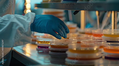 A microbiologist examining bacterial cultures on agar plates, searching for novel microbes with potential applications in biotechnology and medicine. photo