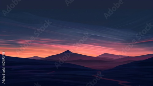 A majestic mountain range silhouetted against a darkening sky  with streaks of orange and purple painting the horizon.