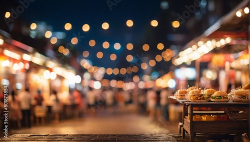 vintage tone blur image of food stall at night festival with bokeh for background usage .
 photo