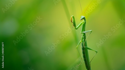Wallpaper Mural A mantis nymph delicately perched on a blade of grass, its tiny form barely visible against the green backdrop. Torontodigital.ca