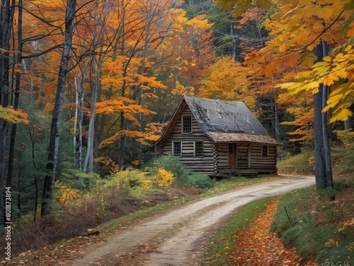 Create a sense of peace and tranquility in a cozy cabin surrounded by beautiful fall foliage.