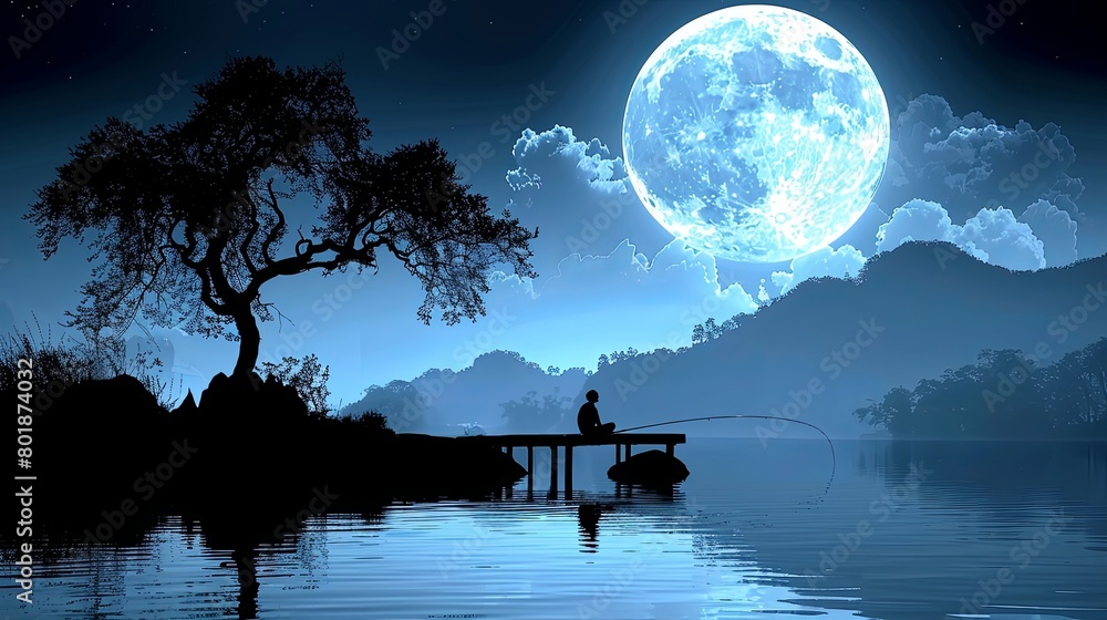 Fototapeta The full moon rises over a lake, casting a silvery glow on the water. A lone fisherman sits on a dock, silhouetted against the sky.