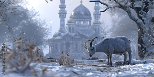 Goat with beautiful mosque background, Eid ul Adha Concept background