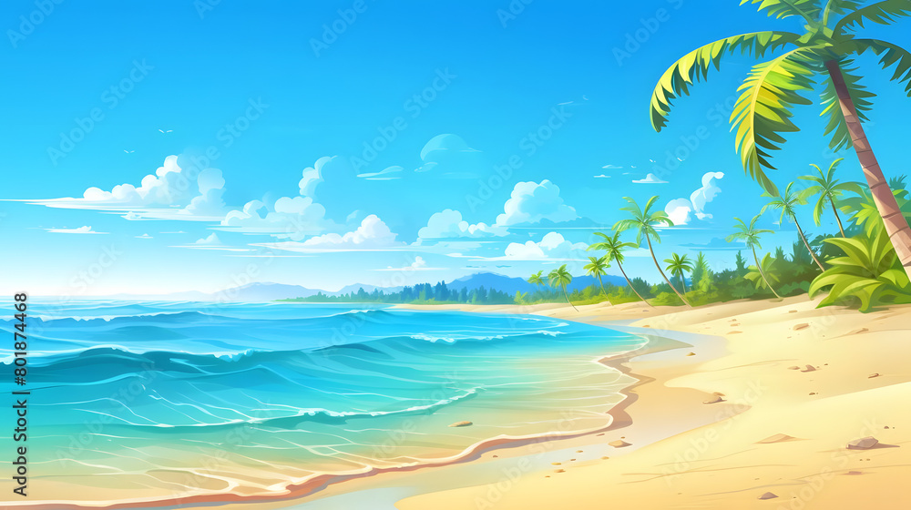 Tropical Tranquility, Sandy Shoreline under Azure Skies, Realistic Beach Landscape. Vector Background