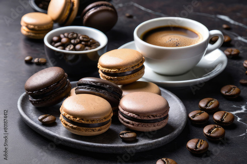 Morning cup of coffee with milk and dessert chocolate macarons (Chocolate Macaron) on a dark background.