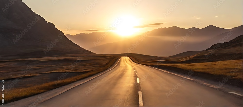 Picturesque landscape scene  ,long straight road leading towards a mountain and sunset at skyline.