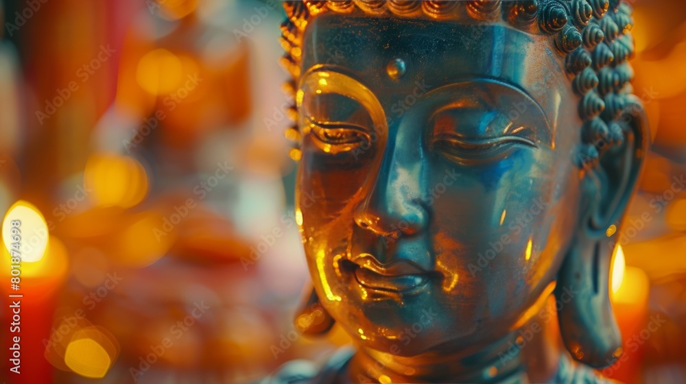 Fototapeta premium Buddha Statue Sitting in Front of Yellow Wall